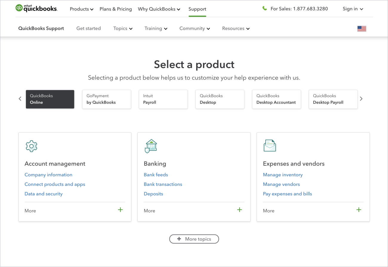 Homepage of the QuickBooks Support Website